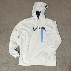 Quicksilver size L White Hooded Pullover Sweatshirt with Black Script Logo